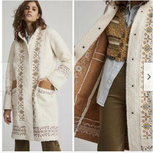 Anthropologie Maeve Embroidered Sherpa Reversible Coat Jacket Size 12